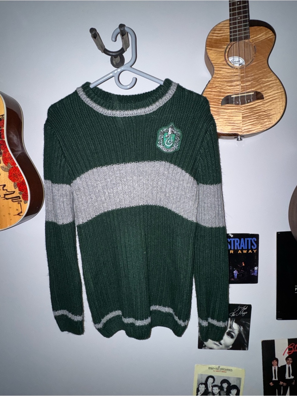 Men's Green & Gray Crewneck Ribbed Sweater with Crest Patch